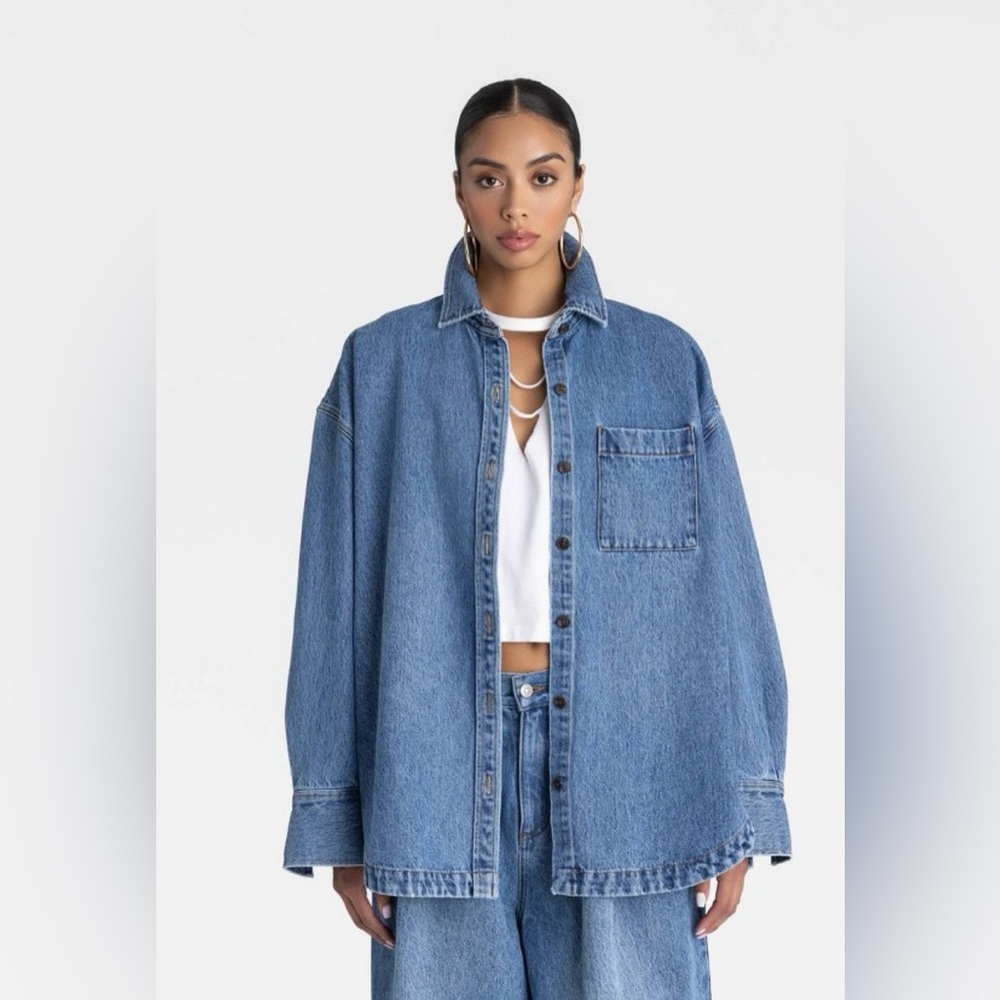 Oversized Denim Button-Down Shirt - Blue